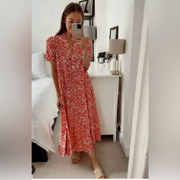 Zara Ditsy Floral V Neck Flowy Short Sleeve Tiered Midi Knee Length Dress,Size M - Picture 6 of 12